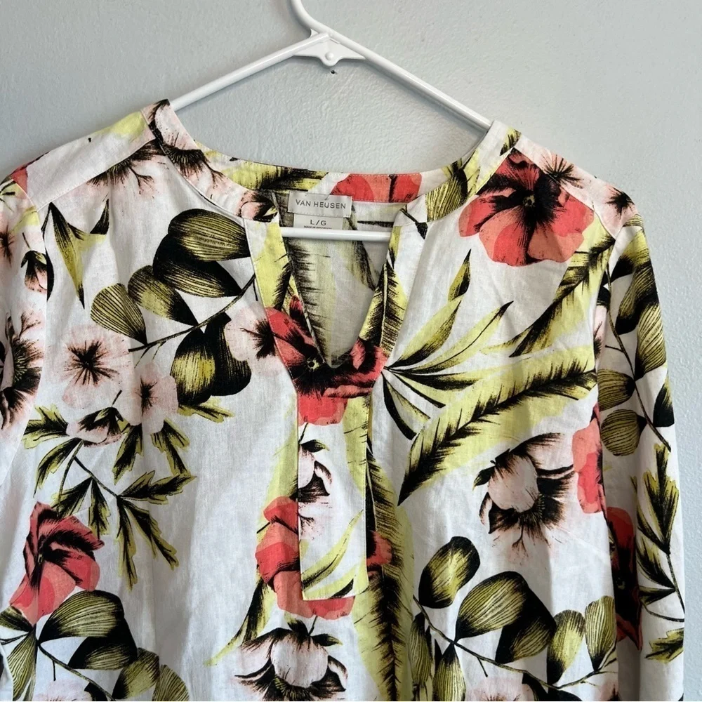 Van Heusen Womens Linen Rayon Pullover Blouse Floral Sz L Cruise Travel Spring - Picture 2 of 9
